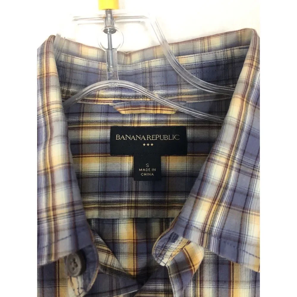Banana Republic Shirt Mens S Blue Yellow‎ Plaid Button Front Roll Tab Sleeve